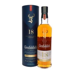 Whisky Glenfiddich 18 YO + tuba 0,7 l 40% – luksusowa single malt w opakowaniu prezentowym